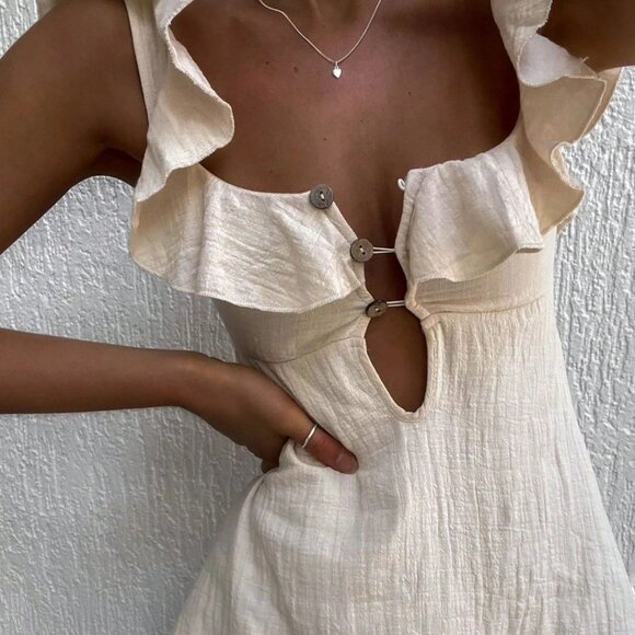 Dresses & Skirts - Apricot Casual Women's Sexy Ruffle Backless Mini Dress, Vacation Style